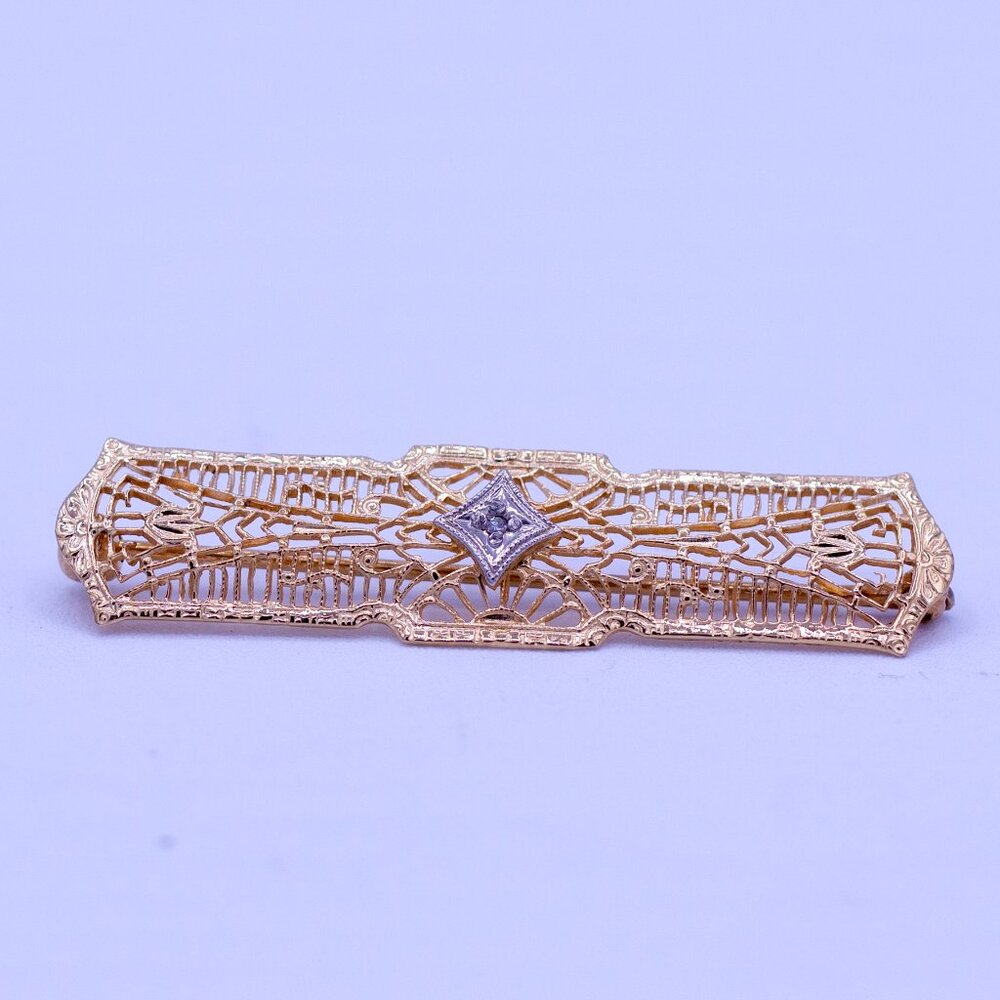 Antique Art Deco 14K Gold Diamond Filigree Bar Pin Brooch